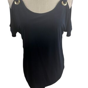 NWOT Nine West Navy Cold Shoulder Blouse with Gold Accents Medium